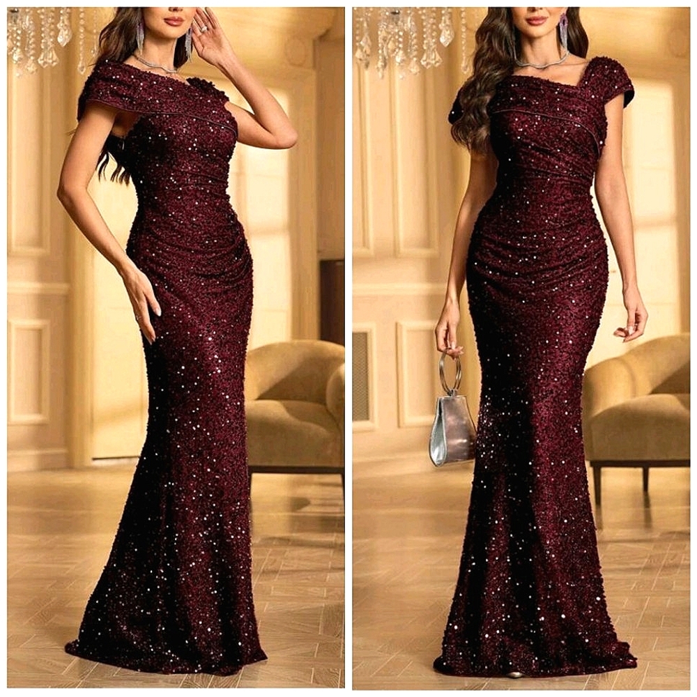 New Glam Sequin Ruched Mermaid Maxi Gown Dress Burgundy Red